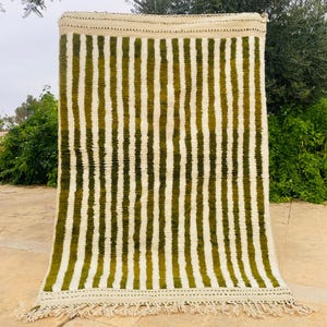 Green & White Striped Beni Ourain Rug – Handmade Moroccan Wool Area Rug – Custom Sheep Wool Rug for Scandinavian or Boho Decor