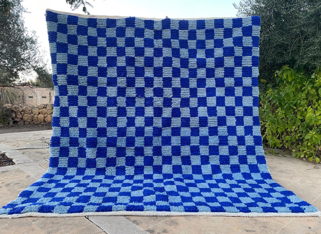 Blue Checked Rug Royal Blue Checkered Moroccan Rug – Handwoven Wool Grid Rug – Light ...