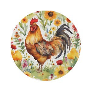 Round Rug - Watercolor Style Rooster, Farmhouse Area Carpet, Animal Lover Home Decor, Boho Chic Floor Mat, Kitchen Accent Rug