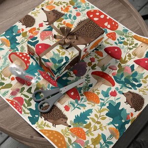 Wrapping Paper, Hedgehog and Mushrooms Woodland Gift Wrap, Nature Lover Present, Cute Animal Birthday, Christmas Holiday Decoration,