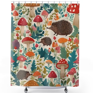 Hedgehog Forest Shower Curtain Nature Lover Bathroom Decor Cute Animal Woodland Design Rustic Cabin Bath Curtain Cottage Core Shower Curtain