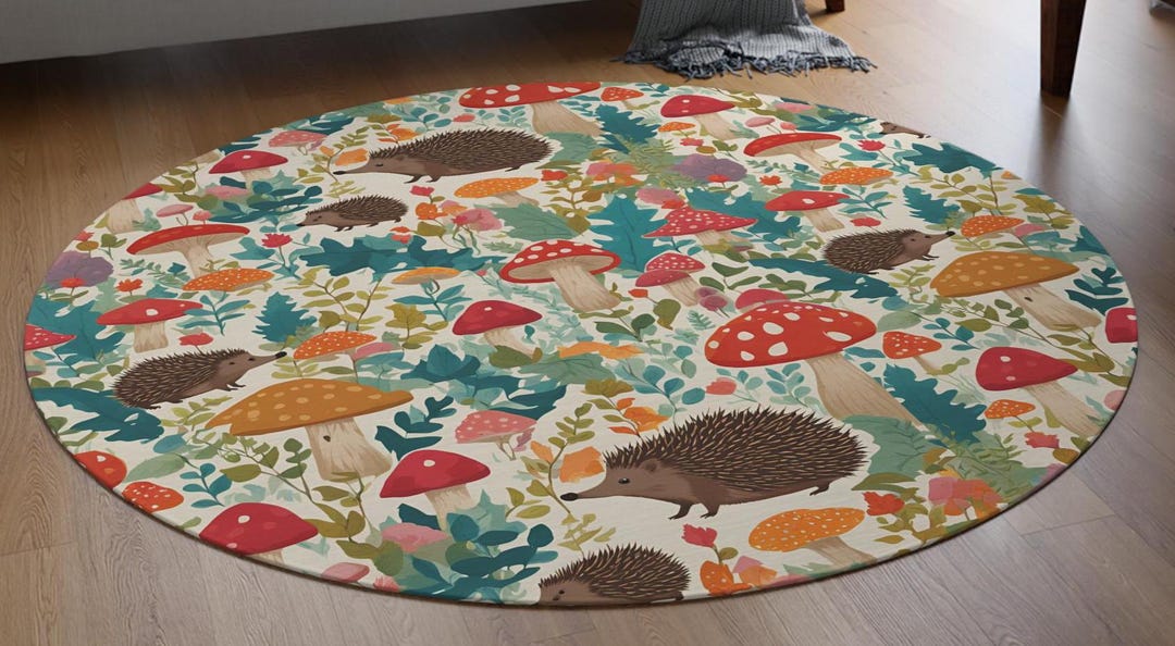 Hedgehog Rug Round Rug, Hedgehogs and Mushrooms Woodland Scene, Nature Inspired Home ...