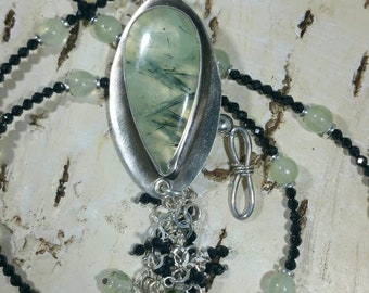 Prehnite and black spinel necklace, Green, one of a kind unique pendant necklace