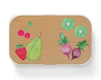 Watercolor Fruit Illustration Bento Lunch Box | Strawberries, Kiwi, Pear, Radishes