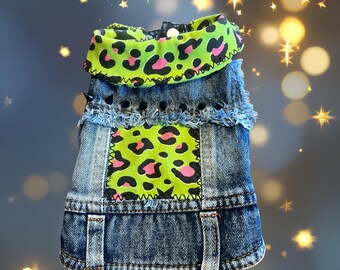 Punk Rock Pet Vest: Neon Green Star Leopard Jacket