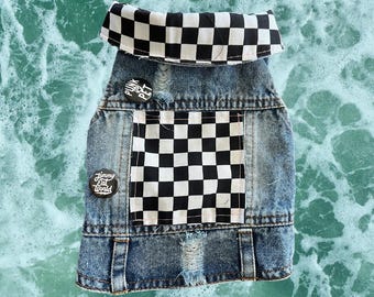 XL - Punk Rock Pet Vest - Classic Checkered Design - Punk Clothes for Pets - Dogs - Cats - Critters - Battle Jacket - Cut-off - Jean Vest