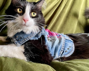 Punk Rock Pet Vest - Batik Moth With Metal Spikes - Punk Clothes for Pets - Dogs - Cats - Critters - Battle Jacket - Cut-off - Jean Vest