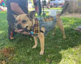 Punk Rock Pet Vest - Yellow Plaid Design With Metal Spikes - Punk Clothes for Pets - Dogs - Cats - Battle Jacket - Cut-off - Jean Vest