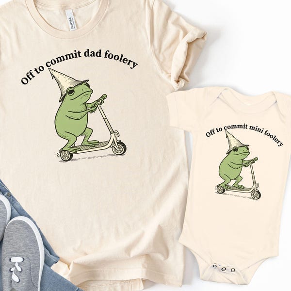 Funny Father and Baby Frog Shirt Off to Commit Dad Foolery Mini Foolery Frog Scooter Tee First Fathers Day Gift Matching Father Daughter Son