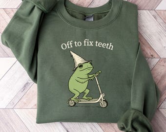 Funny Frog Dental Crew Sweatshirt Off To Fix Teeth Dentist Crewneck Gift For Dentist Dental Hygienist Dental Assistant Dental Office Sweater