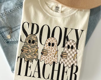 Comfort Colors Ghost Spooky Teacher Shirt Camo Leopard Checkered Ghost Halloween Teacher Tee Teacher Ghost TShirt Fall Autumn Teacher Gift