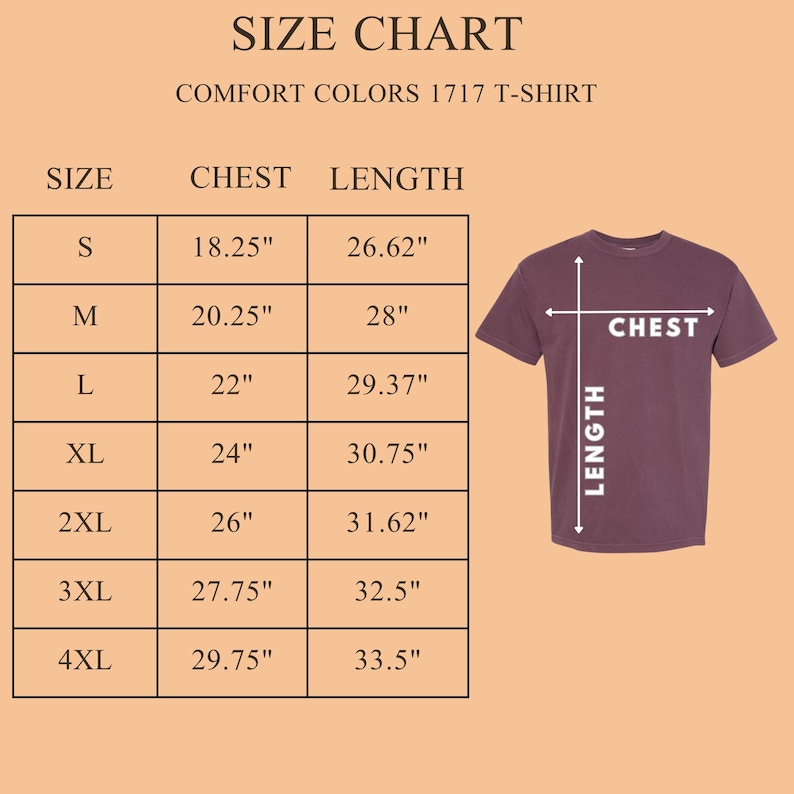 K&ouml;nnte beinhalten: Gr&ouml;&szlig;entabelle f&uuml;r Comfort Colors 1717 T-Shirt. Ma&szlig;e in cm f&uuml;r Brust und L&auml;nge sind f&uuml;r die Gr&ouml;&szlig;en S bis 4XL angegeben. Ein weinrotes T-Shirt wird mit Pfeilen zur Messung von Brust und L&auml;nge gezeigt.