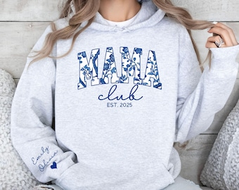 Personalized Mama Hoodie With Kid Name Sleeve, Custom Est Year Mom Hoodie, Mothers Day Gift, Names On Sleeve With Heart, Gift Momma Hoodie