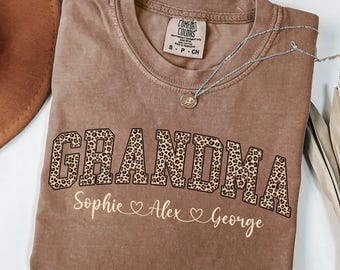 Comfort Colors Personalized Grandma Shirt Leopard Grandma Tee with Grandkid Name Custom Grandma Tee Gift for Grandma Mothers Day Gift Grammy