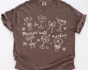 Comfort Colors Merrier with a Martini Shirt, Christmas Holiday Cocktail Crew Shirt, Martini Bow Tee, Christmas Spirits T-Shirt, Gift For Her