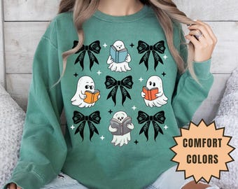 Comfort Colors Ghost Reading Sweatshirt, Girly Bow Teacher Halloween Crewneck, Spooky Book Lover, Bookish Reading Sweater, Booktrovert