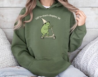 50th Birthday Frog Hoodie, Off to Start Chapter 50 Hoodie, Funny Frog Scooter Gift For 50th Birthday, Funny Fiftieth Birthday Hoodie