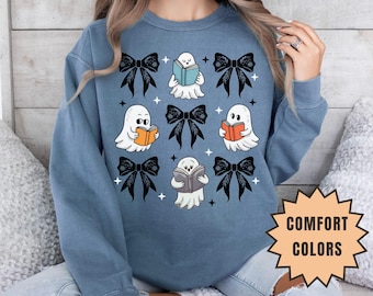 Comfort Colors Ghost Reading Sweatshirt, Girly Bow Teacher Halloween Crewneck, Spooky Book Lover, Bookish Reading Sweater, Booktrovert