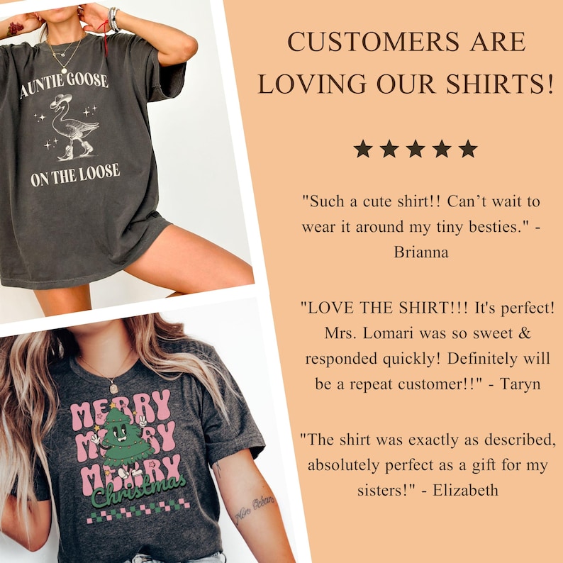 May include: Two dark gray t-shirts with graphic designs. One shirt features a goose wearing a cowboy hat with the text "Auntie Goose On The Loose." The other shirt has a Christmas tree design with the words "Merry Christmas."