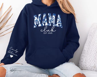 Personalized Mama Hoodie With Kid Name Sleeve, Custom Est Year Mom Hoodie, Mothers Day Gift, Names On Sleeve With Heart, Gift Momma Hoodie