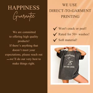May include: Dark gray t-shirt with the text "AUNTIE GOOSE ON THE LOOSE" and a graphic of a goose. The image also includes text about direct-to-garment printing and a happiness guarantee.