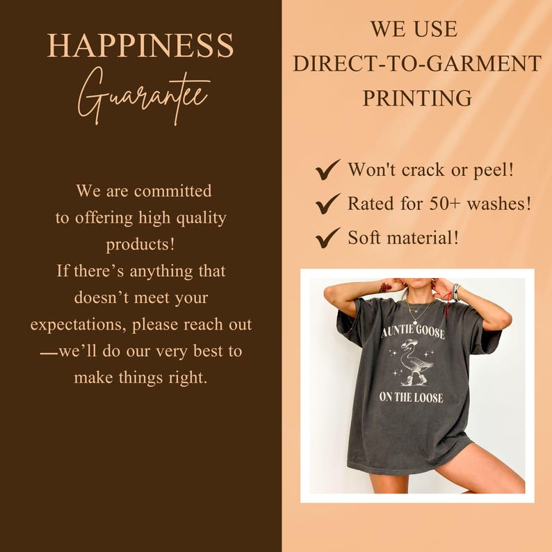 May include: Dark gray t-shirt with the text "AUNTIE GOOSE ON THE LOOSE" and a graphic of a goose. The image also includes text about direct-to-garment printing and a happiness guarantee.