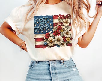 Floral American Flag comfort Colors Shirt, 4th Of July Shirt, USA Flag Patriotic T-Shirt, Independence Day Gift, America Flag, Gift For Her