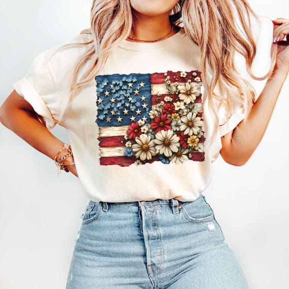 Floral American Flag comfort Colors Shirt, 4th Of July Shirt, USA Flag Patriotic T-Shirt, Independence Day Gift, America Flag, Gift For Her