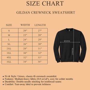 May include: A black Gildan crewneck sweatshirt with a size chart. The chart lists sizes S to 5XL, with corresponding width and length measurements in inches. Features include medium-heavy fabric and double-needle stitching.