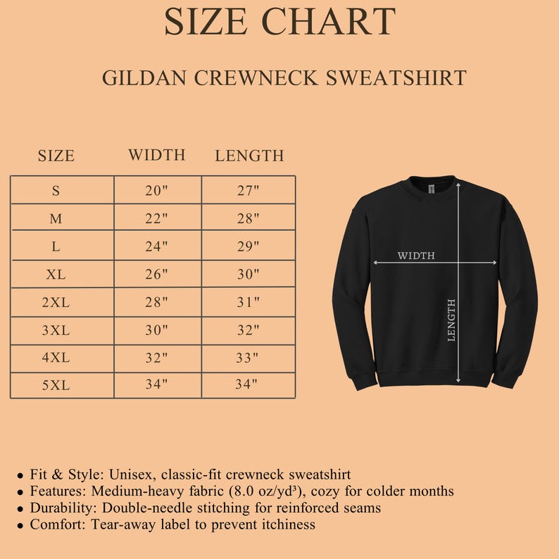 May include: A black Gildan crewneck sweatshirt with a size chart. The chart lists sizes S to 5XL, with corresponding width and length measurements in inches. Features include medium-heavy fabric and double-needle stitching.