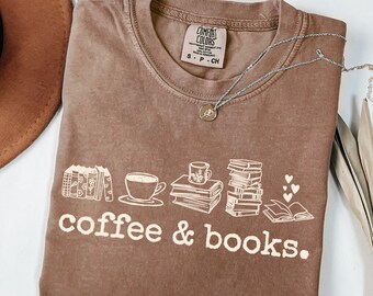 Comfort Colors Coffee & Books Shirt, Book Lover T-shirt, Bookworm Tee, Bookish Reading Teacher TShirt, Booktrovert Gift, Librarian Shirt