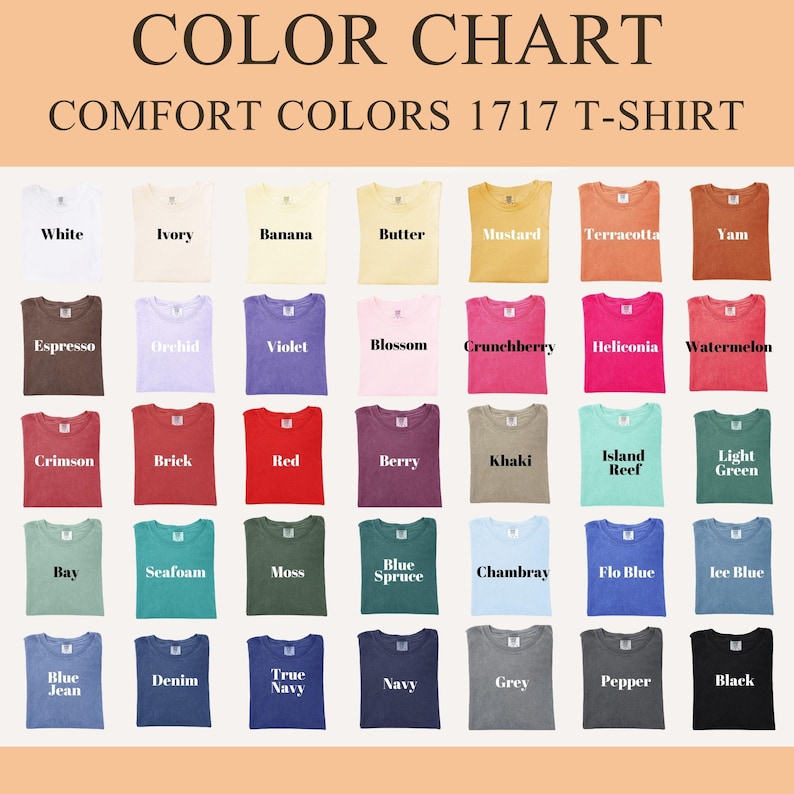 K&ouml;nnte beinhalten: Farbtabelle f&uuml;r Comfort Colors 1717 T-Shirts in verschiedenen Farben. Die Tabelle umfasst Wei&szlig;, Elfenbein, Banane, Butter, Senf, Terrakotta und Yam. Weitere Farben sind Espresso, Orchidee, Violett, Bl&uuml;te und Cranberry. Au&szlig;erdem sind Karmesinrot, Ziegelrot, Rot, Beere, Khaki und Island Reef abgebildet.