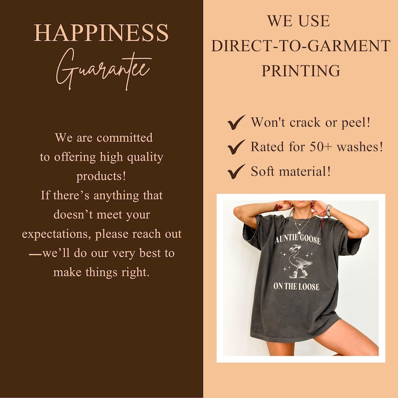 May include: Dark gray t-shirt with the text "AUNTIE GOOSE ON THE LOOSE" and a graphic of a goose. The image also includes text about direct-to-garment printing and a happiness guarantee.