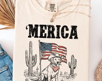 Comfort Colors Merica Golden Retriever Shirt, 4th of July Dog Tee, Golden Retriever Lover Mom Gift Western Shirt American Flag Patriotic Dog