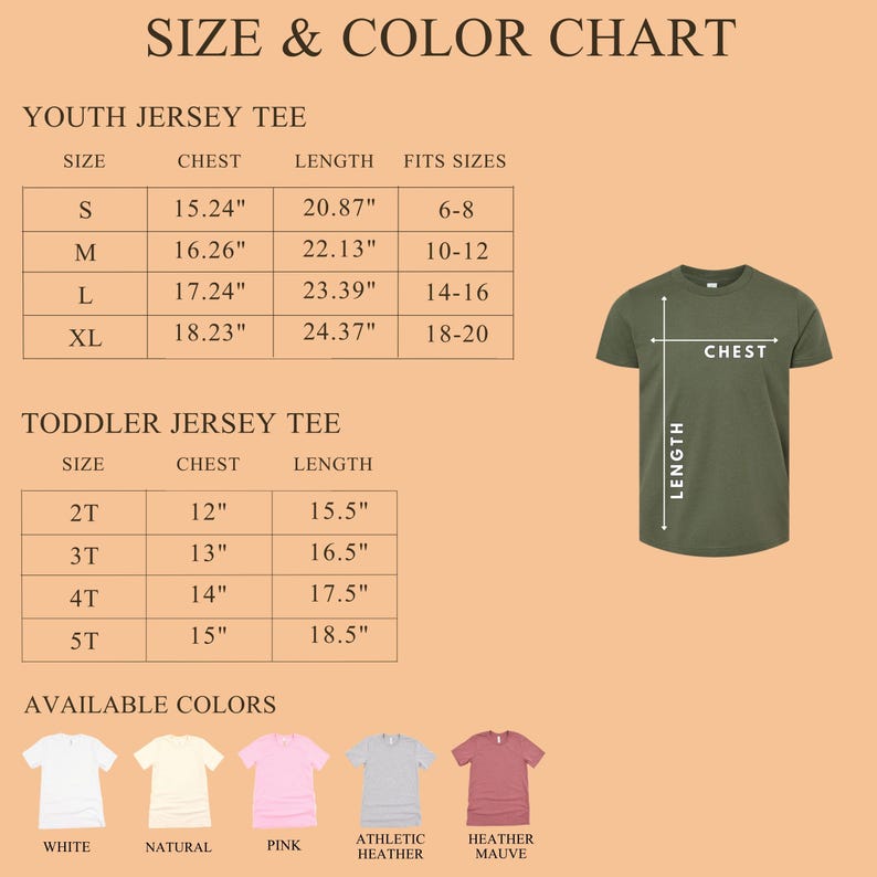 Puede incluir: Una tabla de tallas y colores para camisetas de jersey para j&oacute;venes y ni&ntilde;os peque&ntilde;os. La tabla incluye medidas de pecho y largo en pulgadas, junto con los colores disponibles: blanco, natural, rosa, athletic heather y heather mauve. Un gr&aacute;fico de camiseta verde muestra las medidas de pecho y largo.