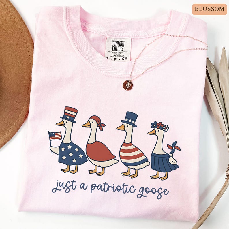 May include: A light pink t-shirt with a graphic of four geese dressed in patriotic attire. One goose holds an American flag. The text "just a patriotic goose" is below the geese. A gold necklace is on the shirt.