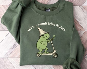 St Patricks Day Frog Sweatshirt Off to Commit Irish Foolery Crewneck Funny Frog Scooter Saint Patricks Day Four Leaf Clover St Paddys Day