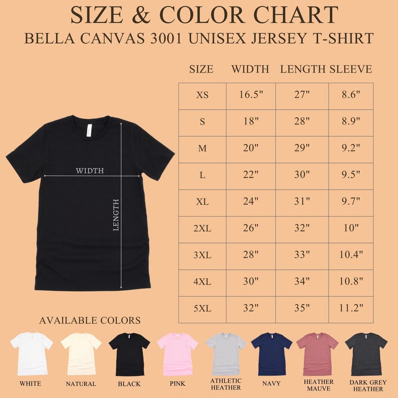 May include: A size and color chart for a Bella Canvas 3001 unisex jersey t-shirt. The image displays a black t-shirt with width and length measurement lines, a table listing sizes from XS to 5XL with measurements in inches, and color swatches.