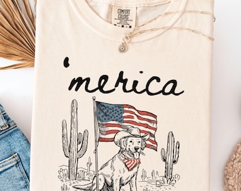 Comfort Colors Merica Golden Retriever Shirt, 4th of July Dog Tee, Golden Retriever Lover Mom Gift Western Shirt American Flag Patriotic Dog