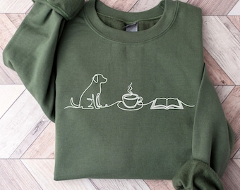 Dogs Coffee Books Sweatshirt Book Lover Sweater Bookish Merch Gift for Dog Lover Coffee Lover Reading Crewneck BookishGift Librarian Gift