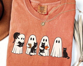 Comfort Colors Halloween Black Cat & Ghost Shirt, Ghost Reading Book Tee, Halloween Teacher Gift, Librarian Halloween, Spooky Season Ghost