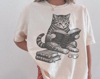 Comfort Colors Cat Reading Book Shirt Book Lover Tee Bookish Merch Gift for Cat Lover Bookworm Bookish Shirt Librarian Gift Book Lover Gift