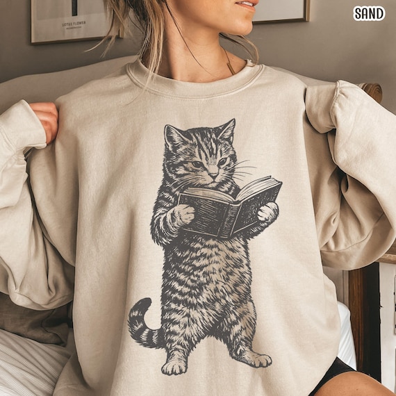 Cat Reading Book Sweatshirt Book Lover Sweater Bookish Merch Gift for Cat Lover Bookworm Crewneck Bookish Top Librarian Gift Book Lover Gift