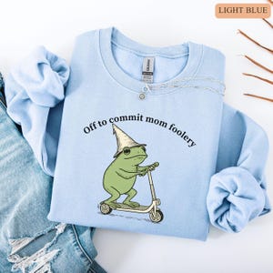 May include: Light blue sweatshirt with the text "Off to commit mom foolery" and a cartoon frog riding a scooter. The frog wears a wizard hat. A silver necklace is on the sweatshirt.