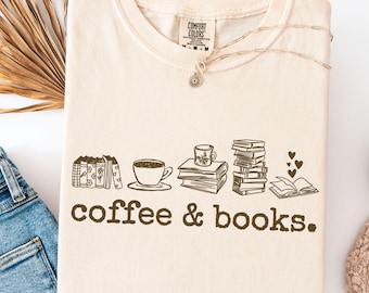 Comfort Colors Coffee & Books Shirt, Book Lover T-shirt, Bookworm Tee, Bookish Reading Teacher TShirt, Booktrovert Gift, Librarian Shirt