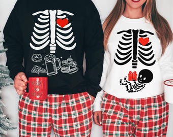Couples Christmas Pregnancy Announcement Sweatshirt, Funny Skeleton Baby Matching Crewneck For Couples, Xmas New Mom and Dad To Be Sweater