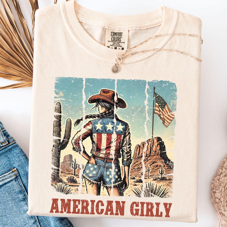 Puede incluir: Camiseta color crema con un gr&aacute;fico de una mujer con sombrero de vaquero y pantalones cortos de mezclilla con un dise&ntilde;o de bandera estadounidense. La imagen incluye un paisaje des&eacute;rtico con cactus y el texto "AMERICAN GIRLY" en rojo.