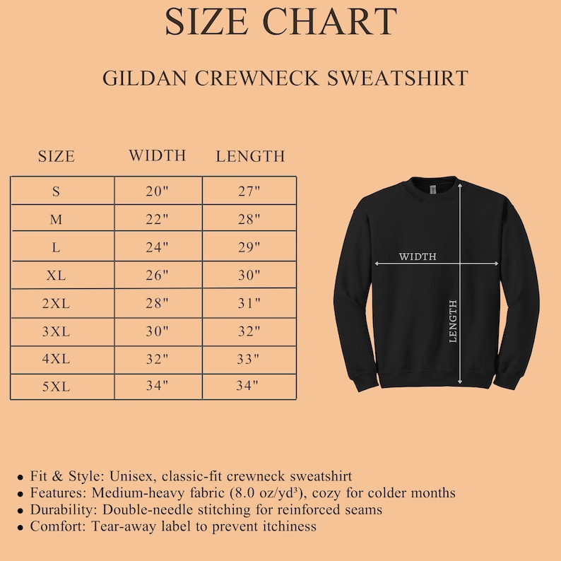 May include: Black Gildan crewneck sweatshirt with a size chart. The chart lists sizes S to 5XL, with widths from 20" to 34" and lengths from 27" to 34". Features include medium-heavy fabric and double-needle stitching.