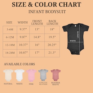Puede incluir: Tabla de tallas y colores para bodies de beb&eacute;. Incluye medidas en pulgadas para el ancho, largo delantero y largo trasero para las tallas 3-6M, 6-12M, 12-18M y 18-24M. Colores disponibles: natural, blanco, rosa, athletic heather y heather mauve.