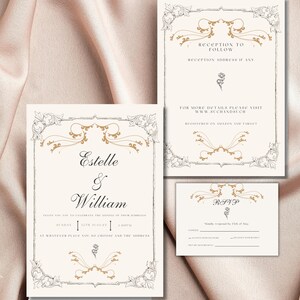 Vintage huwelijksuitnodiging, elegante RSVP-kaartenset, klassiek bloemdessin, romantische huwelijksuitnodigingen, aanpasbare tekst en tijdloze stijl